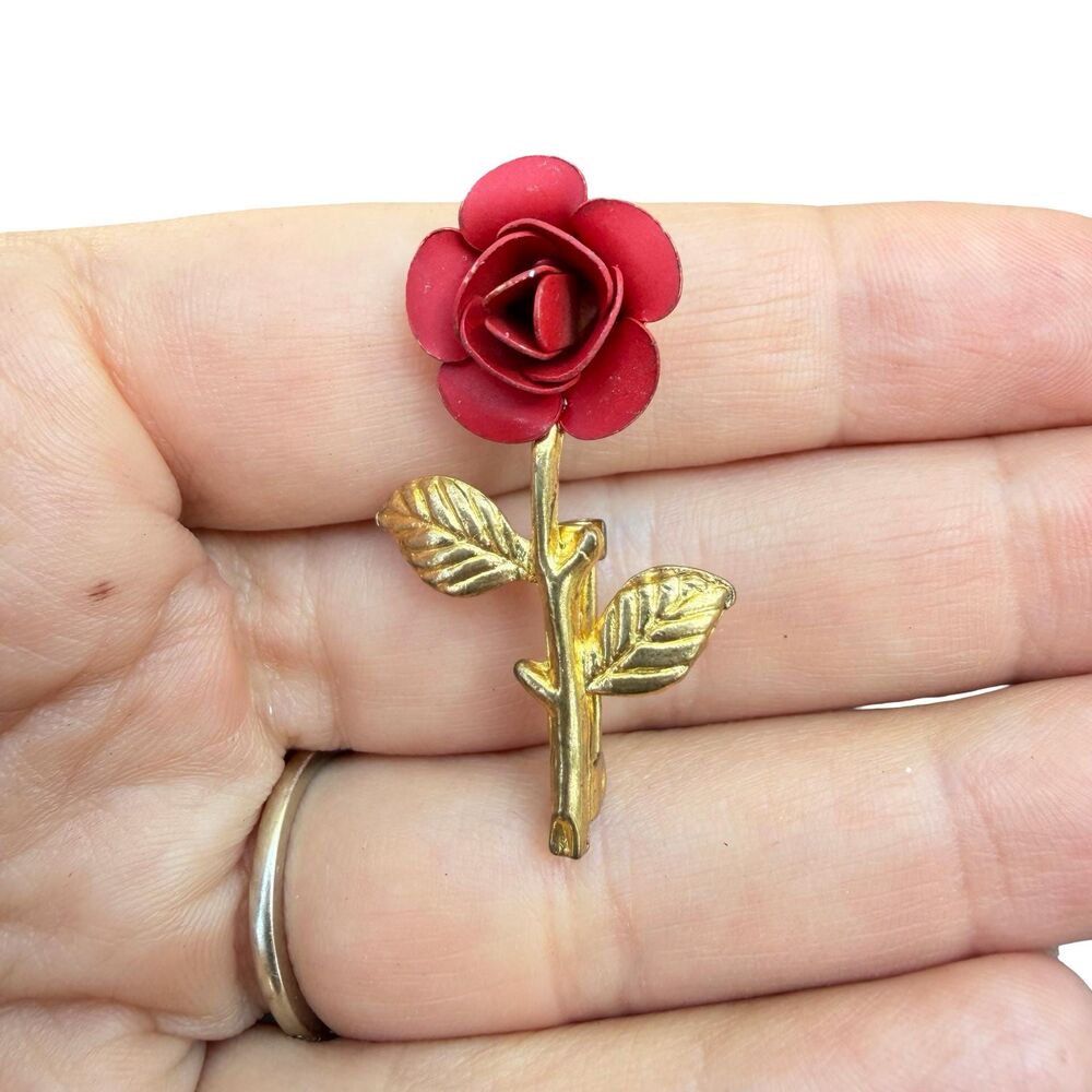 Vintage Rose Brooch Red Flower Pin
